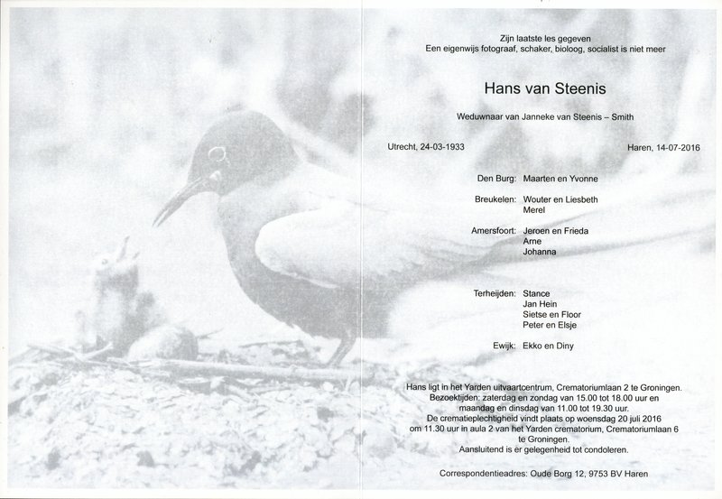 Rouwkaart Hans van Steenis Binnenzijde